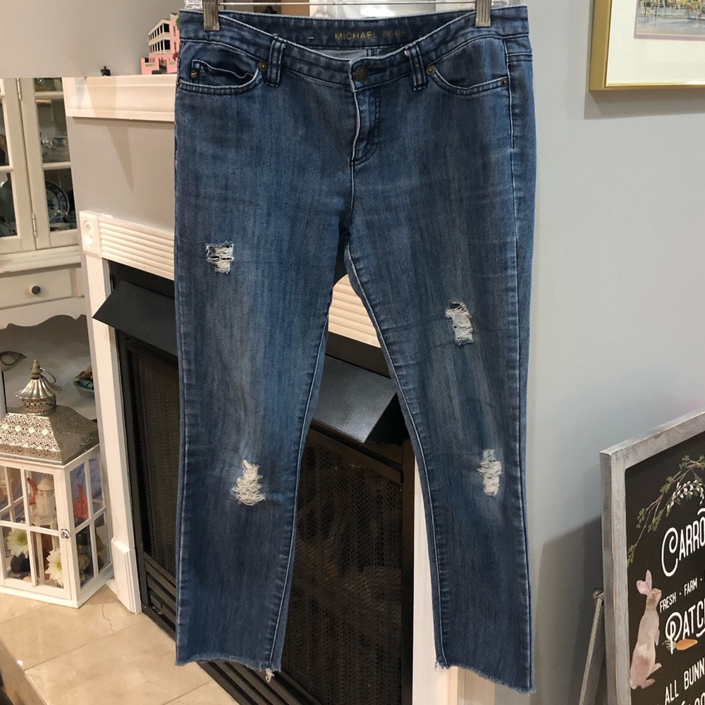 Michael Kors Cropped Straight Skinny Distressed Ripped Denim Jean Pants